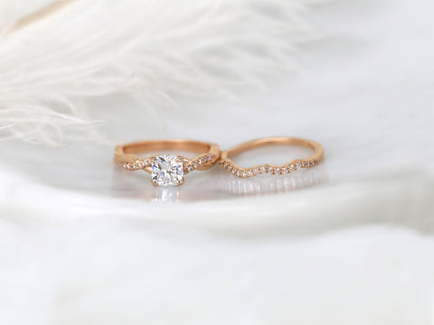 1ct Tressa 6mm 14kt Gold Moissanite Diamond Petite Twisted Vine Cushion Solitaire with Accent Bridal Set - Rosados Box