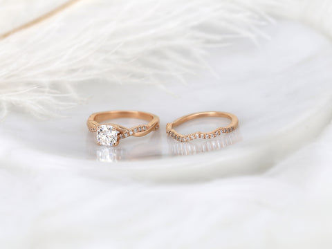 1ct Tressa 6mm 14kt Gold Moissanite Diamond Petite Twisted Vine Cushion Solitaire with Accent Bridal Set - Rosados Box