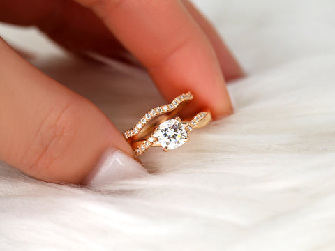 1ct Tressa 6mm 14kt Gold Moissanite Diamond Petite Twisted Vine Cushion Solitaire with Accent Bridal Set - Rosados Box