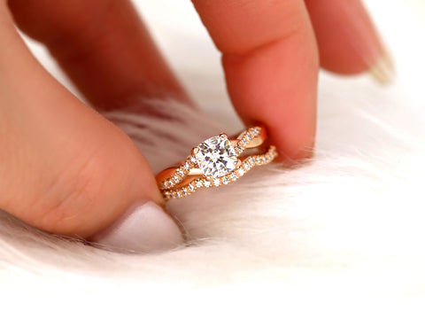 1ct Tressa 6mm 14kt Gold Moissanite Diamond Petite Twisted Vine Cushion Solitaire with Accent Bridal Set - Rosados Box