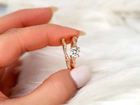 1ct Tressa 6mm 14kt Gold Moissanite Diamond Petite Twisted Vine Cushion Solitaire with Accent Bridal Set - Rosados Box