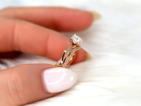 1ct Tressa 6mm 14kt Gold Moissanite Diamond Petite Twisted Vine Cushion Solitaire with Accent Bridal Set - Rosados Box