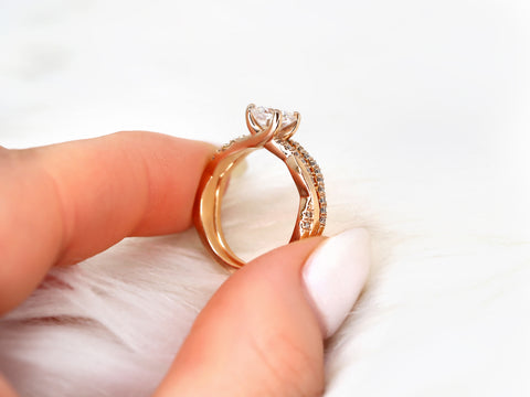 1ct Tressa 6mm 14kt Gold Moissanite Diamond Petite Twisted Vine Cushion Solitaire with Accent Bridal Set - Rosados Box