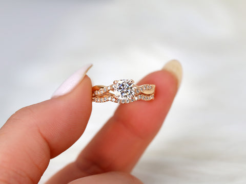 1ct Tressa 6mm 14kt Gold Moissanite Diamond Petite Twisted Vine Cushion Solitaire with Accent Bridal Set - Rosados Box