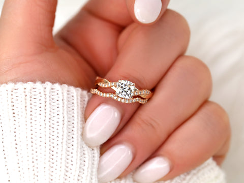 1ct Tressa 6mm 14kt Gold Moissanite Diamond Petite Twisted Vine Cushion Solitaire with Accent Bridal Set - Rosados Box