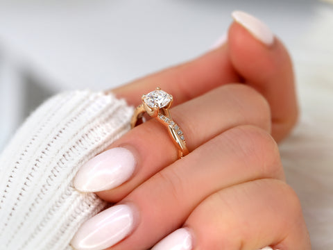 1ct Tressa 6mm 14kt Rose Gold Moissanite Diamond Crossover Cushion Solitaire with Accent Ring - Rosados Box