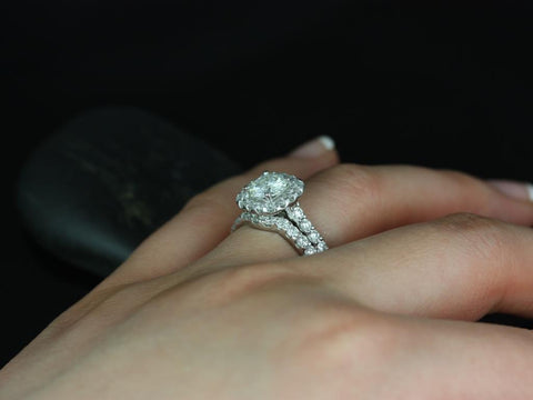 1.25ct SALE Ready to Ship Trisha 7mm 14kt White Gold FB Moissanite Diamond Cushion Halo Bridal Set - Rosados Box