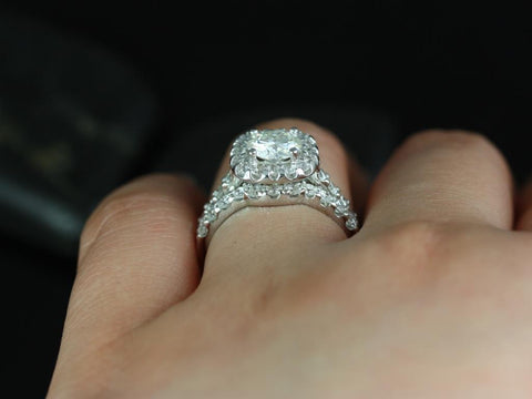 1.25ct SALE Ready to Ship Trisha 7mm 14kt White Gold FB Moissanite Diamond Cushion Halo Bridal Set - Rosados Box