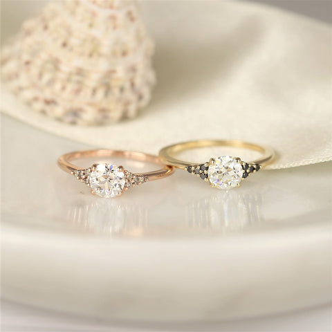 Malia 6mm 14kt Rose Gold OEC FB Moissanite Champagne Diamond Art Deco Dainty 3 Stone Dainty Cluster Ring - Rosados Box