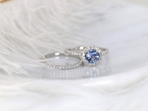 1.07ct Ready to Ship Callie 14kt Gold Icy Cornflower Blue Sapphire Diamonds Round Halo Bridal Set - Rosados Box