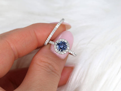 1.07ct Ready to Ship Callie 14kt Gold Icy Cornflower Blue Sapphire Diamonds Round Halo Bridal Set - Rosados Box