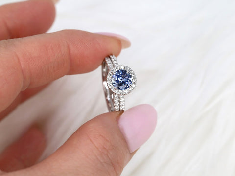 1.07ct Ready to Ship Callie 14kt Gold Icy Cornflower Blue Sapphire Diamonds Round Halo Bridal Set - Rosados Box