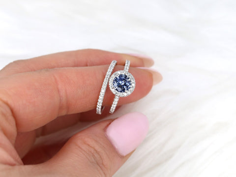 1.07ct Ready to Ship Callie 14kt Gold Icy Cornflower Blue Sapphire Diamonds Round Halo Bridal Set - Rosados Box