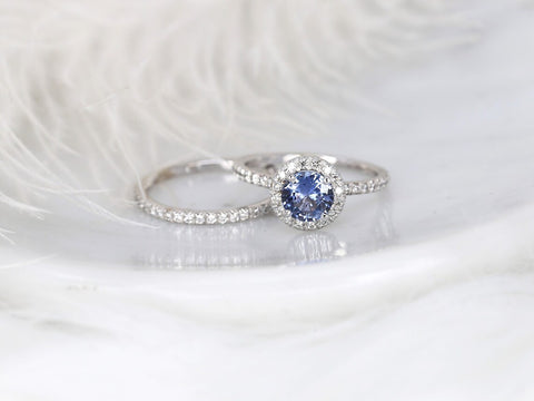 1.07ct Ready to Ship Callie 14kt Gold Icy Cornflower Blue Sapphire Diamonds Round Halo Bridal Set - Rosados Box
