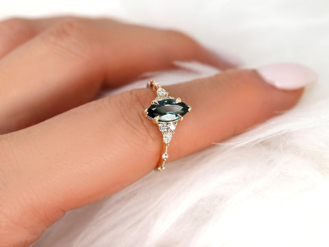 1.50ct Ready to Ship Astrid 14kt Gold Teal Sapphire Diamond Marquise Cluster Ring - Rosados Box