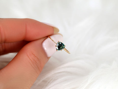 1.03ct Ready to Ship Ultra Petite Heartley 14kt Gold Forest Teal Sapphire Trillion Stacking Ring - Rosados Box