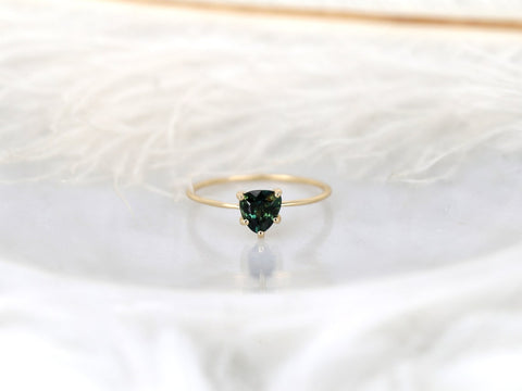 1.03ct Ready to Ship Ultra Petite Heartley 14kt Gold Forest Teal Sapphire Trillion Stacking Ring - Rosados Box