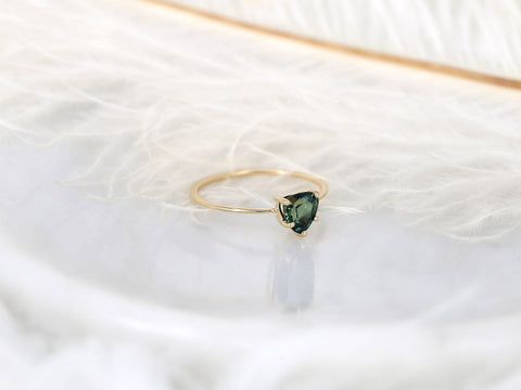 1.03ct Ready to Ship Ultra Petite Heartley 14kt Gold Forest Teal Sapphire Trillion Stacking Ring - Rosados Box