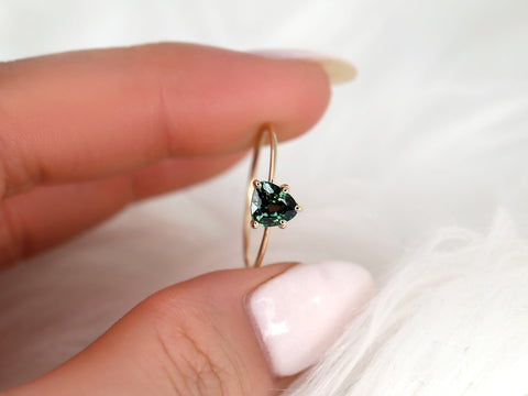 1.03ct Ready to Ship Ultra Petite Heartley 14kt Gold Forest Teal Sapphire Trillion Stacking Ring - Rosados Box