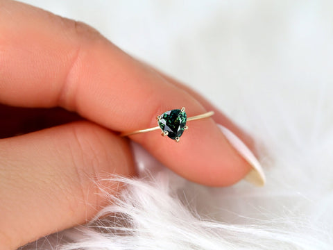 1.03ct Ready to Ship Ultra Petite Heartley 14kt Gold Forest Teal Sapphire Trillion Stacking Ring - Rosados Box