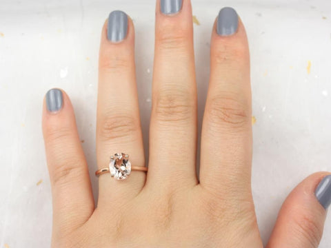 Delia 10x8mm 14kt Gold Morganite Low Cathedral Oval Solitaire Ring - Rosados Box