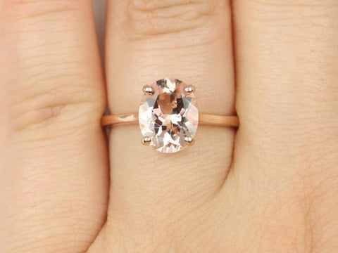 Delia 10x8mm 14kt Gold Morganite Low Cathedral Oval Solitaire Ring - Rosados Box