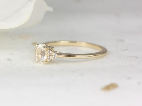 Juniper 6x4mm 14kt Gold Moonstone Sapphire Art Deco 3 Stone Ring Cluster Ring - Rosados Box