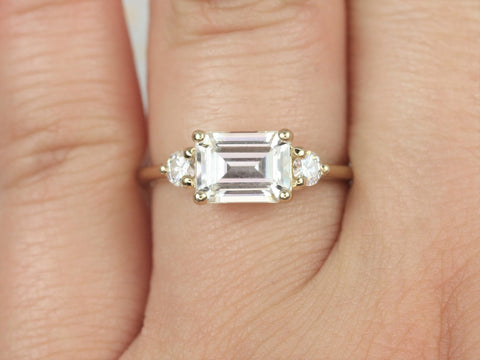 1.75cts Saint 8x6mm 14kt Gold Moissanite East West Horizontal 3 Stone Emerald Engagement Ring - Rosados Box