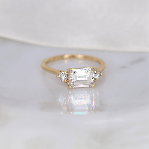 1.75cts Saint 8x6mm 14kt Gold Moissanite East West Horizontal 3 Stone Emerald Engagement Ring - Rosados Box
