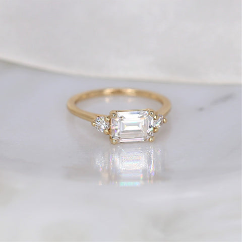 1.75cts Saint 8x6mm 14kt Gold Moissanite East West Horizontal 3 Stone Emerald Engagement Ring
