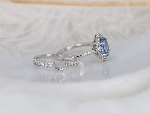 2.42cts Ready to Ship Electra 14kt White Gold Cornflower Blue Sapphire Diamond Oval Halo Bridal Set - Rosados Box