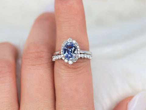 2.42cts Ready to Ship Electra 14kt White Gold Cornflower Blue Sapphire Diamond Oval Halo Bridal Set - Rosados Box