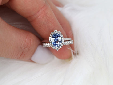 2.42cts Ready to Ship Electra 14kt White Gold Cornflower Blue Sapphire Diamond Oval Halo Bridal Set - Rosados Box