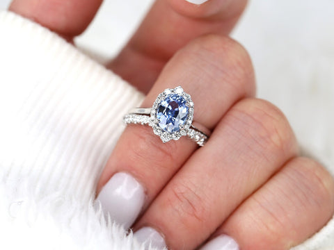 2.42cts Ready to Ship Electra 14kt White Gold Cornflower Blue Sapphire Diamond Oval Halo Bridal Set - Rosados Box