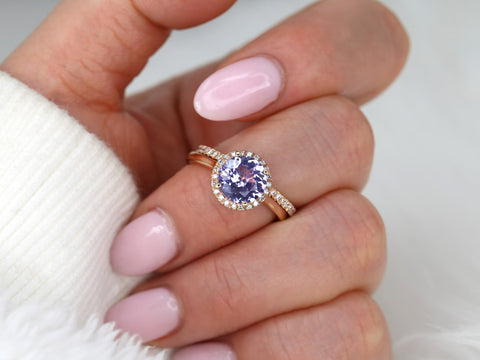 2.43cts Ready to Ship Shannon 14kt Rose Gold Grape Purple Sapphire Diamond Round Micropave Halo Bridal Set - Rosados Box