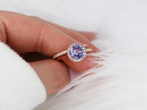 2.43cts Ready to Ship Shannon 14kt Rose Gold Grape Purple Sapphire Diamond Round Micropave Halo Bridal Set - Rosados Box