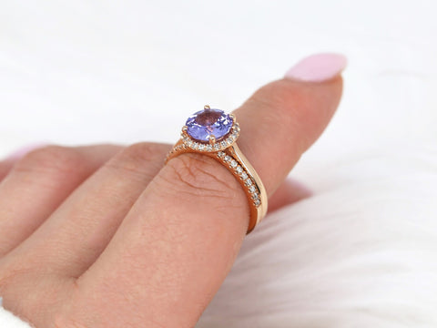 2.43cts Ready to Ship Shannon 14kt Rose Gold Grape Purple Sapphire Diamond Round Micropave Halo Bridal Set - Rosados Box