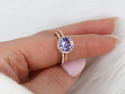 2.43cts Ready to Ship Shannon 14kt Rose Gold Grape Purple Sapphire Diamond Round Micropave Halo Bridal Set - Rosados Box