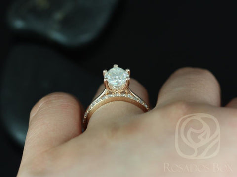 2cts Skinny Jane 10x7mm & Taylor 14kt Gold Moissanite Pear Solitaire Wedding Set - Rosados Box