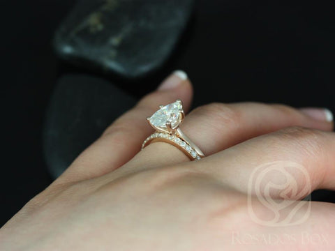 2cts Skinny Jane 10x7mm & Taylor 14kt Gold Moissanite Pear Solitaire Wedding Set - Rosados Box