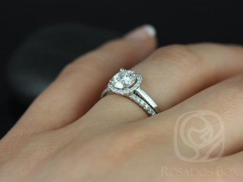 0.75ct Bella 6mm & Catalina 14kt Gold Moissanite Diamond Cushion Halo Bridal Set - Rosados Box