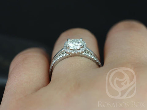 0.75ct Bella 6mm & Catalina 14kt Gold Moissanite Diamond Cushion Halo Bridal Set - Rosados Box