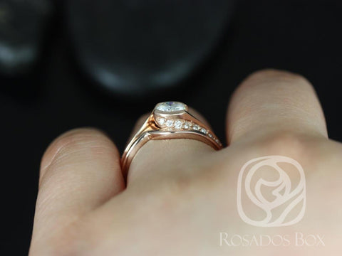 0.60ct Odala 5.5mm & PLAIN Band 14kt Rose Gold Moissanite Diamond Bypass Twisted Bridal Set - Rosados Box