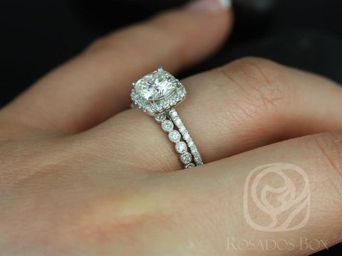 1.30ct Catalina 6.5mm & Petite Bubbles 14kt White Gold Moissanite Diamond Cushion Halo Bridal Set - Rosados Box