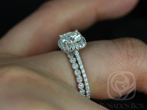 1.30ct Catalina 6.5mm & Petite Bubbles 14kt White Gold Moissanite Diamond Cushion Halo Bridal Set - Rosados Box