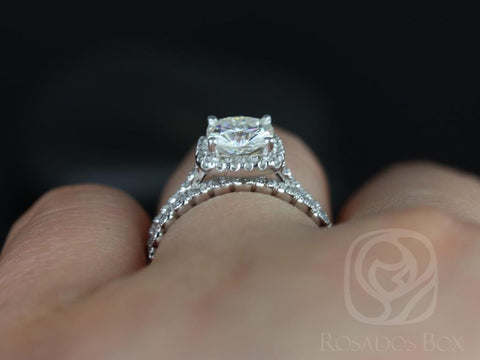 1.30ct Catalina 6.5mm & Petite Bubbles 14kt White Gold Moissanite Diamond Cushion Halo Bridal Set - Rosados Box