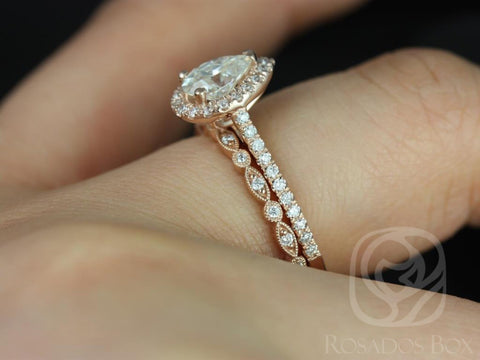 0.75cts Tabitha 7x5mm & Gwen 14kt Gold Moissanite Diamond Pear Halo Bridal Set - Rosados Box