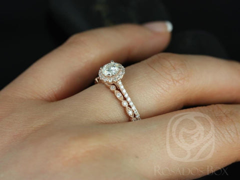 0.50ct Kubian 5mm & Gwen 14kt Moissanite Diamond Dainty Halo Bridal Set - Rosados Box