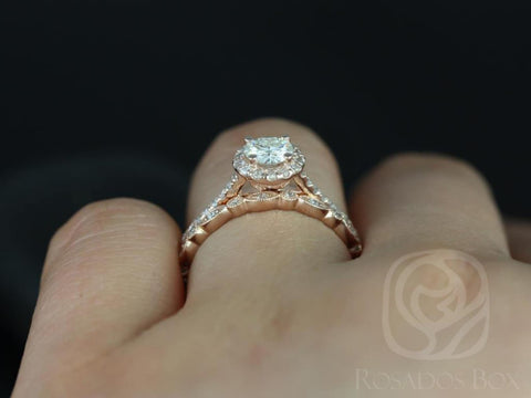 0.50ct Kubian 5mm & Gwen 14kt Moissanite Diamond Dainty Halo Bridal Set - Rosados Box