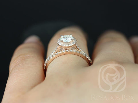 0.50ct Kubian 5mm 14kt Moissanite Diamonds Dainty Pave Round Halo Bridal Set - Rosados Box